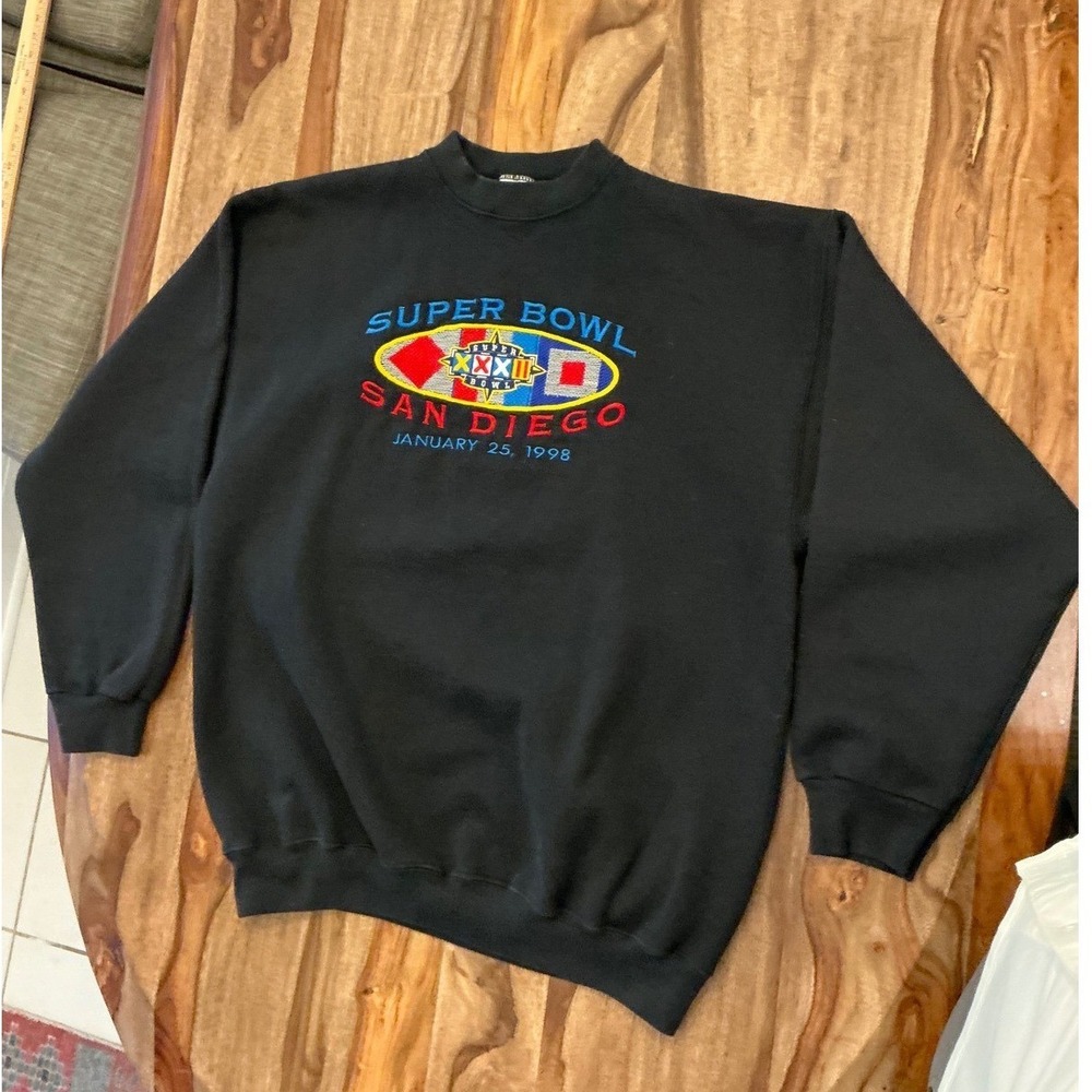 Vintage 1998 Super Bowl XXXII San Diego Sweatshirt Tultex USA Black Large NFL - Picture 6 of 11